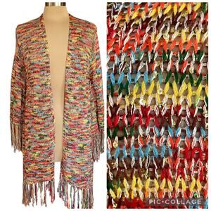 Easel Multicolor‎ Variegated Longline Cardigan Sequins Fringe M/L Boho Festival